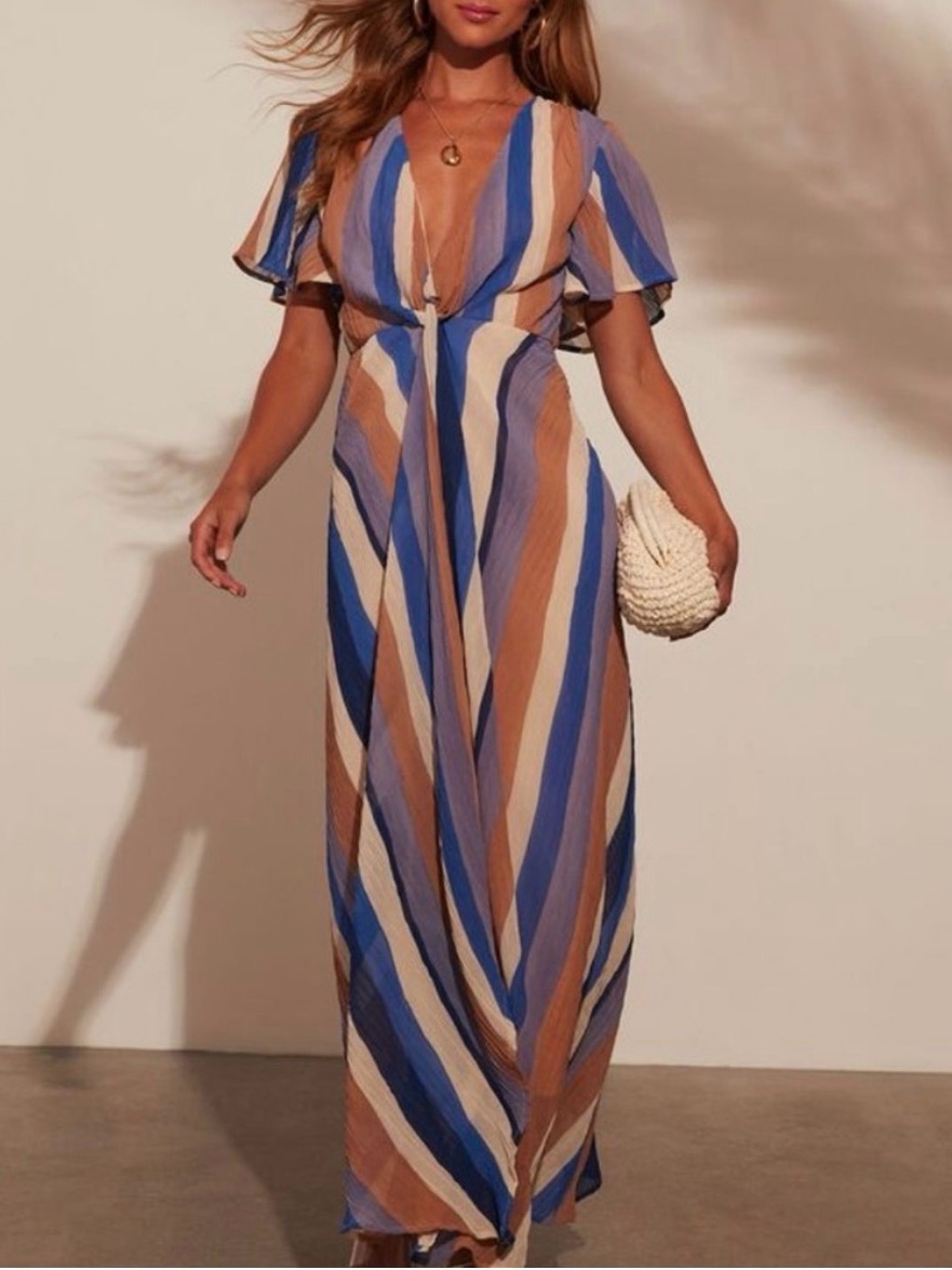 Vici Striped Deep V-Neck Maxi Dress